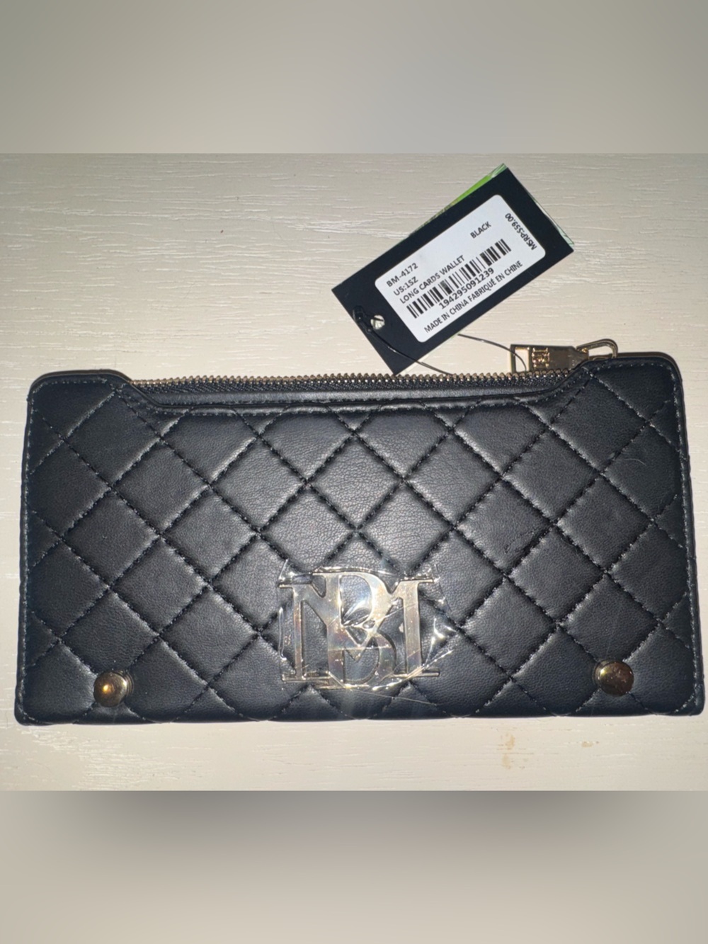 Badgley Mischka Black Quilted Wallet Clutch with Silver Logo